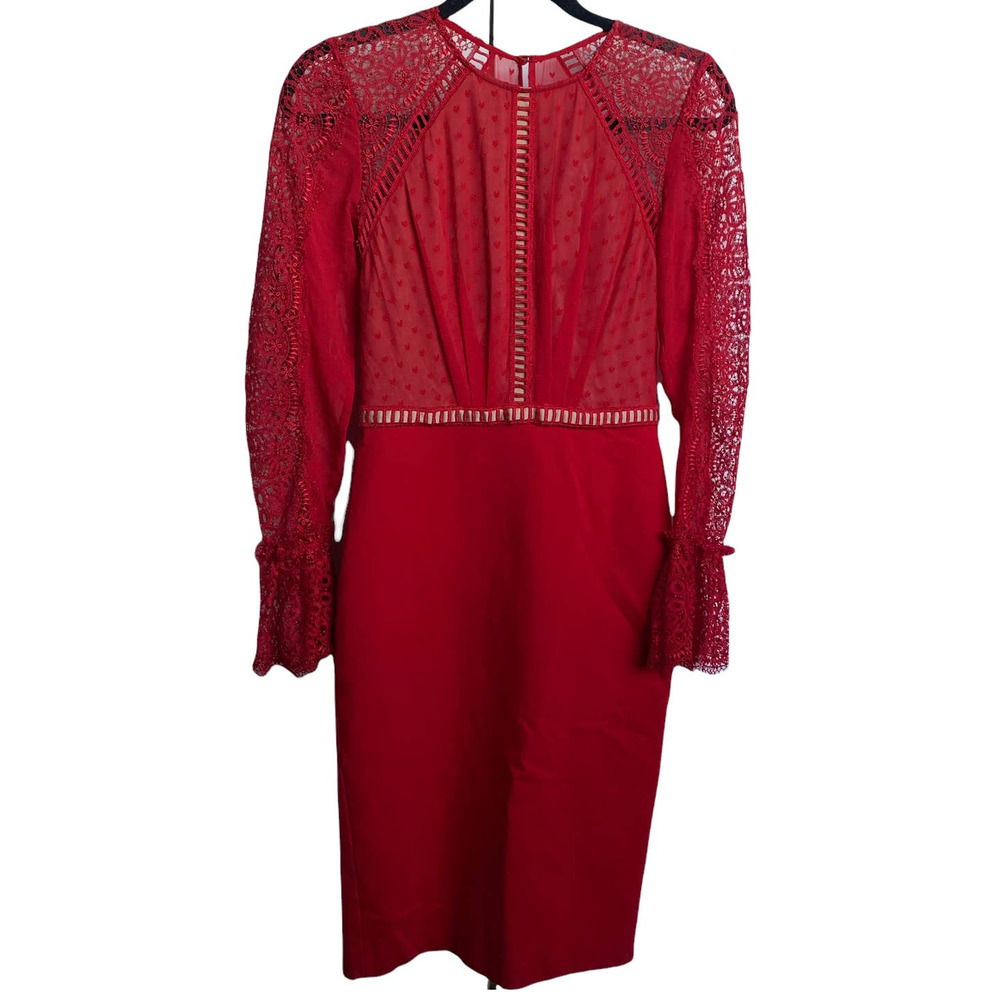 Catherine Deane Nieve Red Lace Sheath Heart Detail Long Sleeve Dress Size 4 - Picture 3 of 12